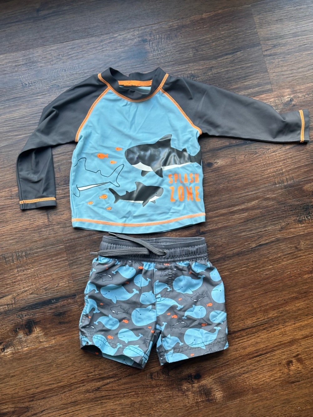 Carter's Blue & Gray Whale Rashguard Swim Set with Orange Accents
